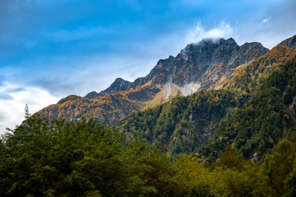 Dramatic misty peaks loom over vibrant autumn forest.