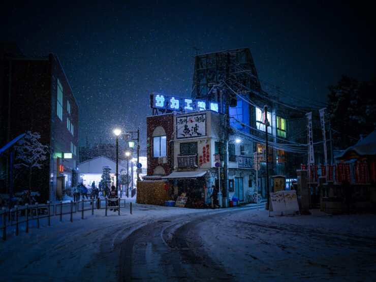 Snowy Tokyo night street illuminated cityscape