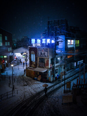 Snowy night street in Tokyo neighborhood