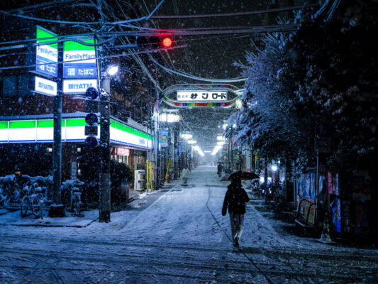 Serene snowy Tokyo cityscape at night