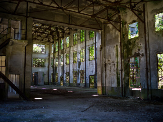 Eerie abandoned warehouse interior photography