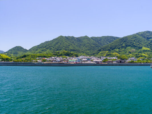 Idyllic coastal village amidst turquoise bay, lush mountains.