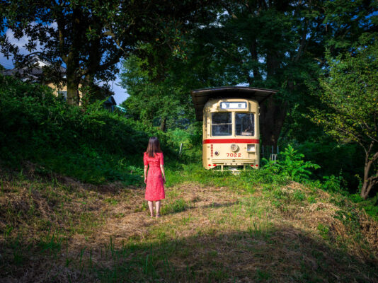 Idyllic vintage trolley nature scene