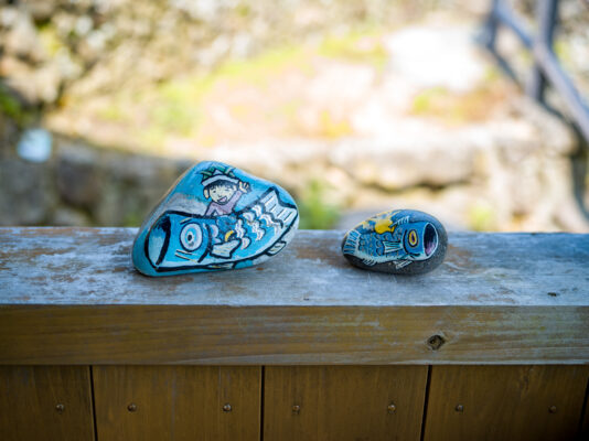 Painted rocks showcase outdoor artistic creativity.