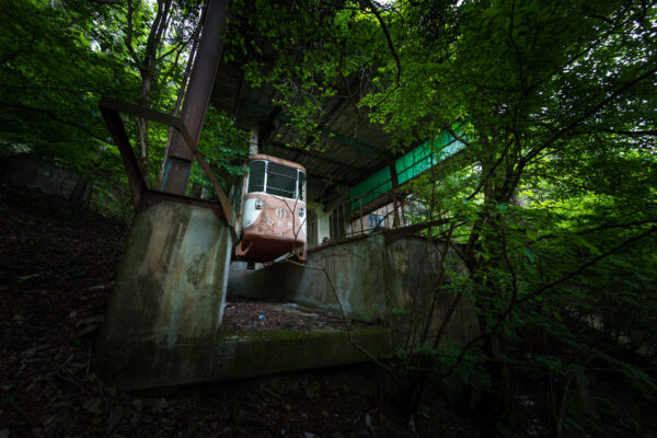 Abandoned ropeway cabin engulfed by lush forest overgrowth.