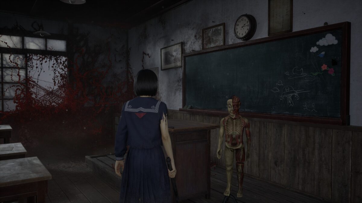 Abandoned classroom with mannequin, decayed walls, and eerie red growth under dim twilight light.