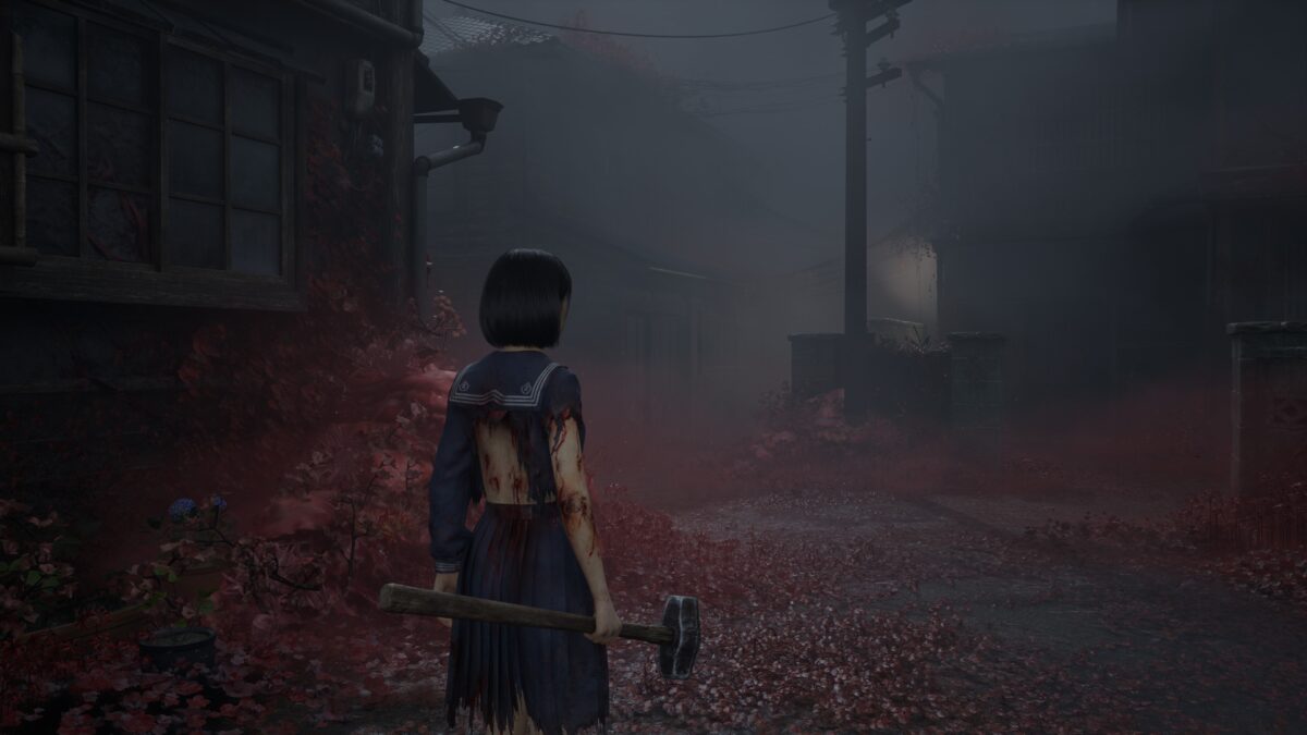 Bloody schoolgirl with sledgehammer in foggy red alley, horror survival atmosphere.
