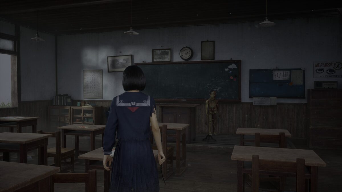 Abandoned Japanese classroom with lone student in torn uniform holding knife under eerie light.