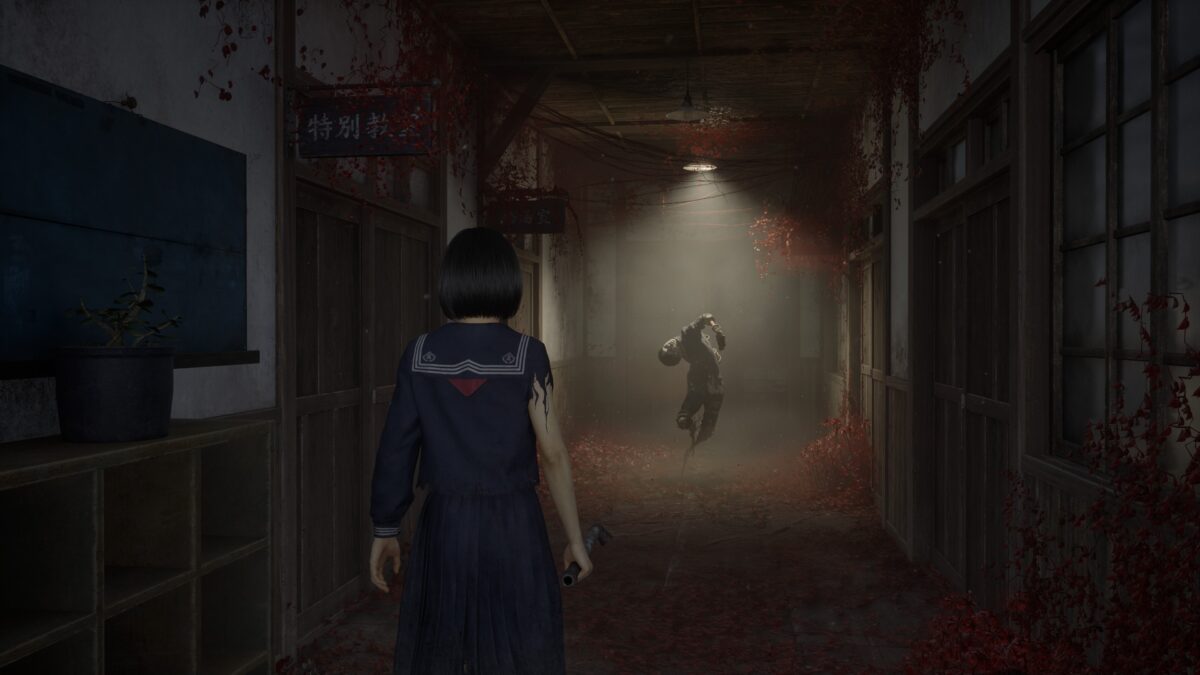 Creepy abandoned school hallway with red vines, mist, and a mysterious floating figure.