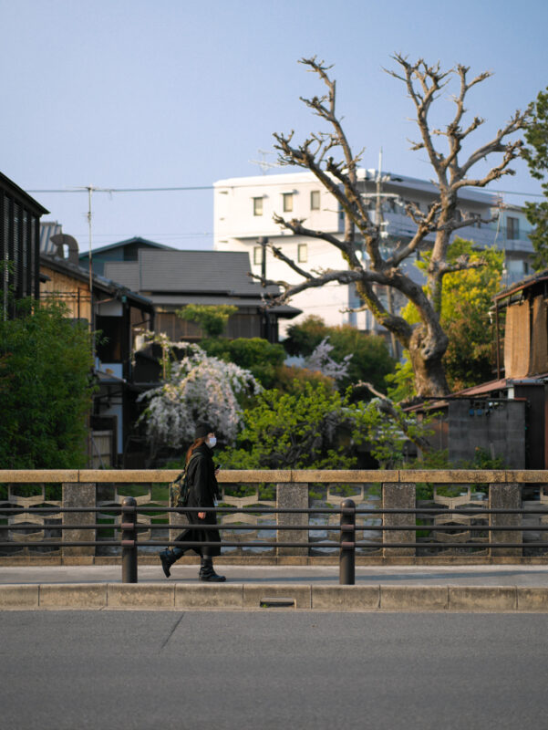 Pedestrian crossing bridge in Kyoto Gion district with traditional townhouses and leafless tree.