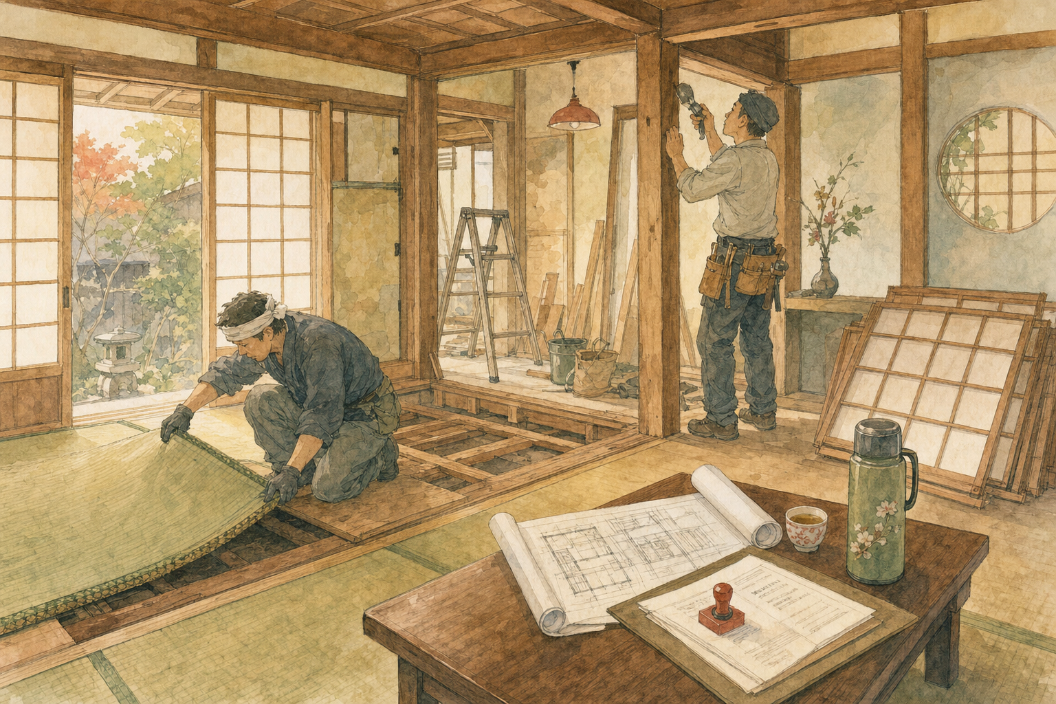 Intérieur d'akiya en rénovation, charpentier au travail, plans déroulés, contrat hanko