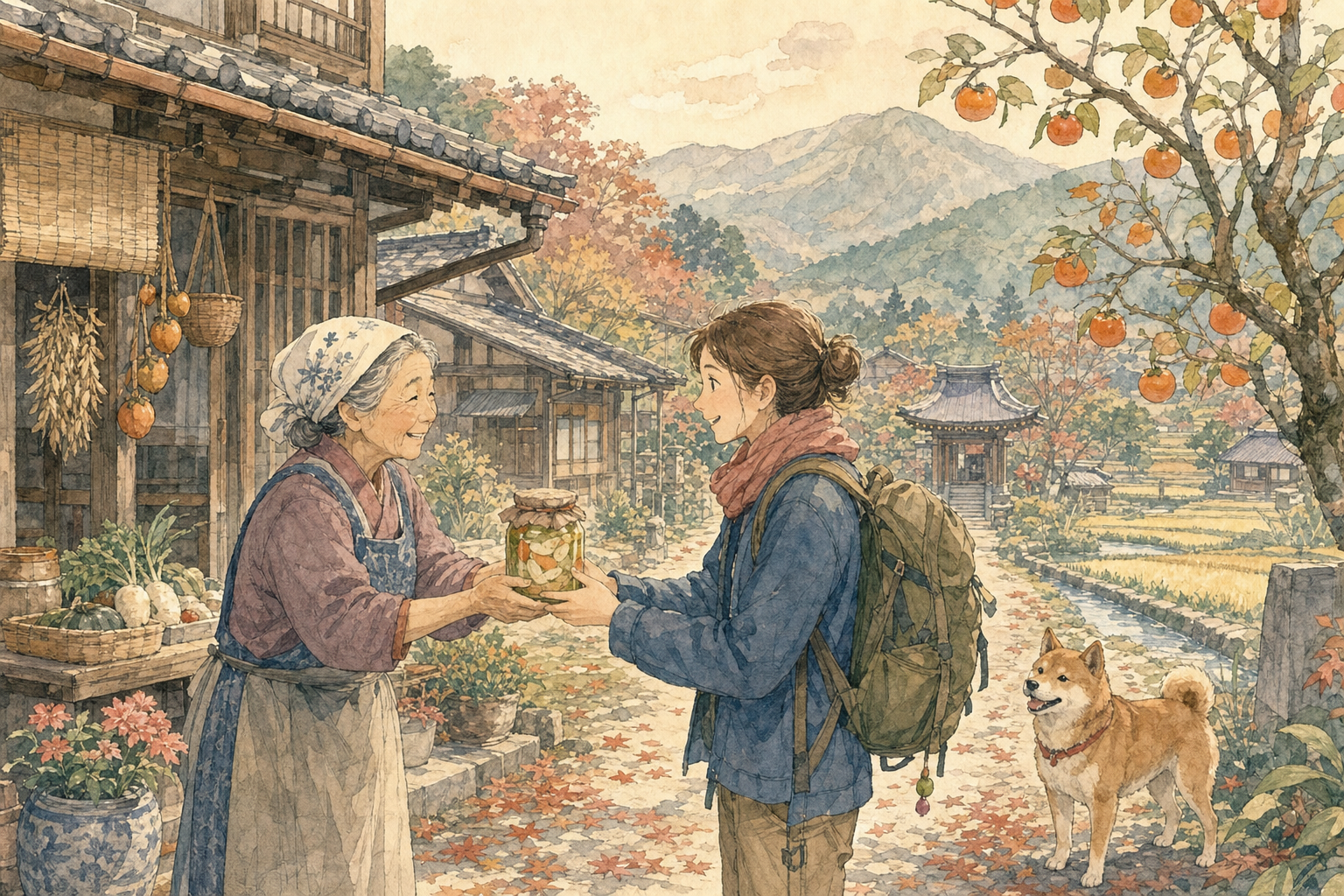 Voisine âgée japonaise offrant des tsukemono à un nouvel arrivant dans un village rural