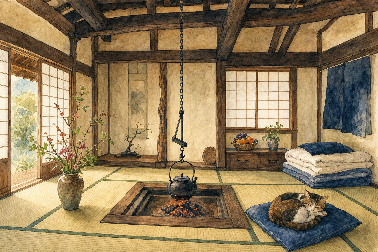 Intérieur d'akiya rénové : irori, tatami neufs, exposés en bois, chat sur coussin