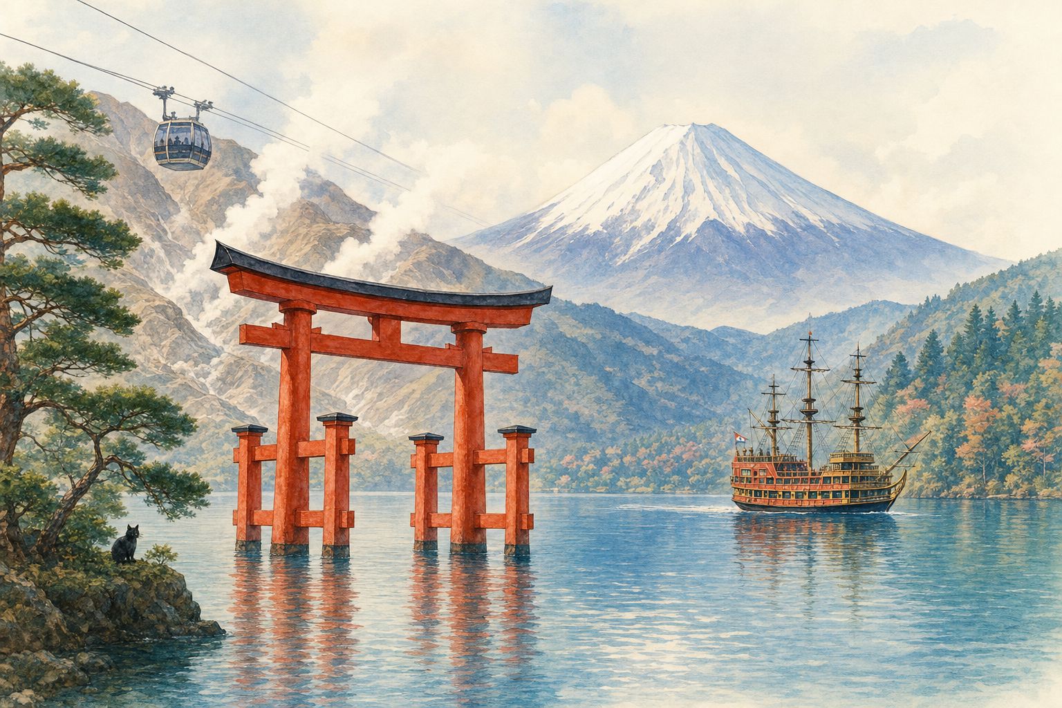 Hakone, Mont Fuji et torii flottant sur le lac Ashi