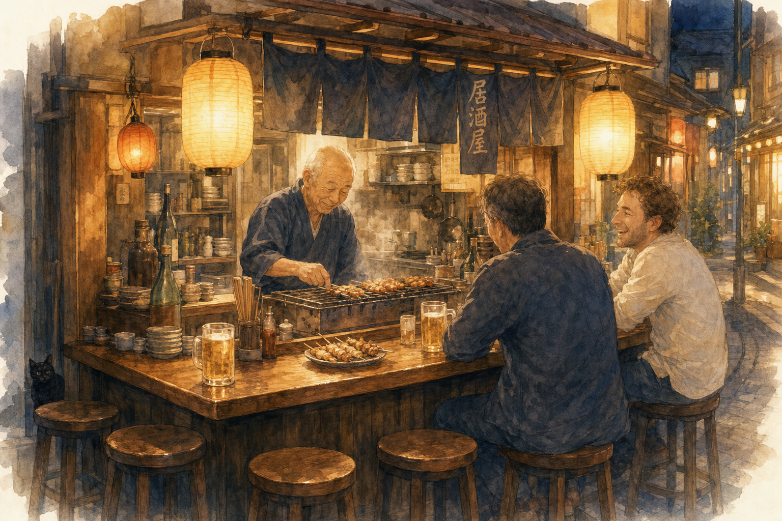 Comptoir d'izakaya familial le soir