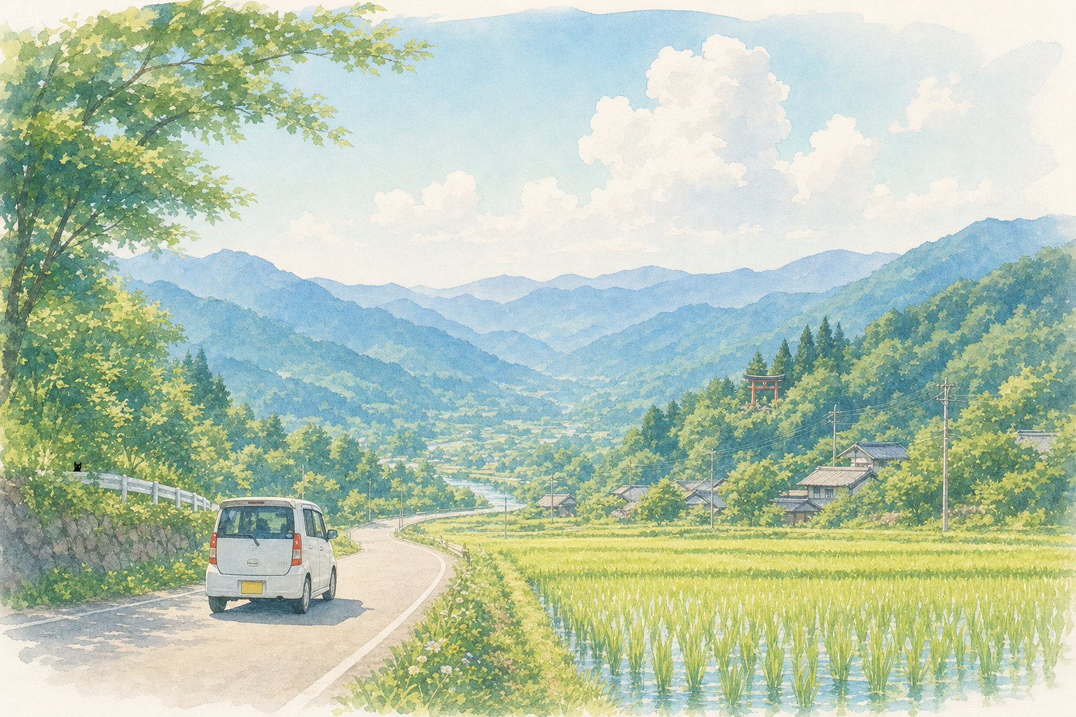 Scenic Countryside Road Winding Through Lush Green Hills