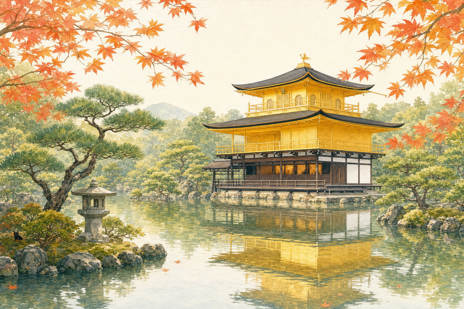 Serene Golden Pavilion Reflecting in Japanese Garden Pond