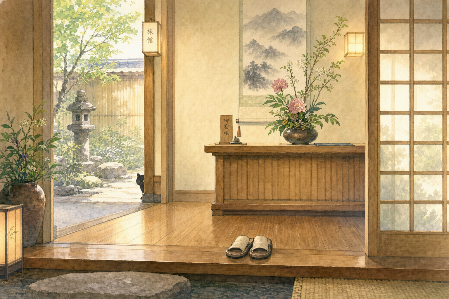 Traditional Wooden Reception at Sekizenkan Ryokan