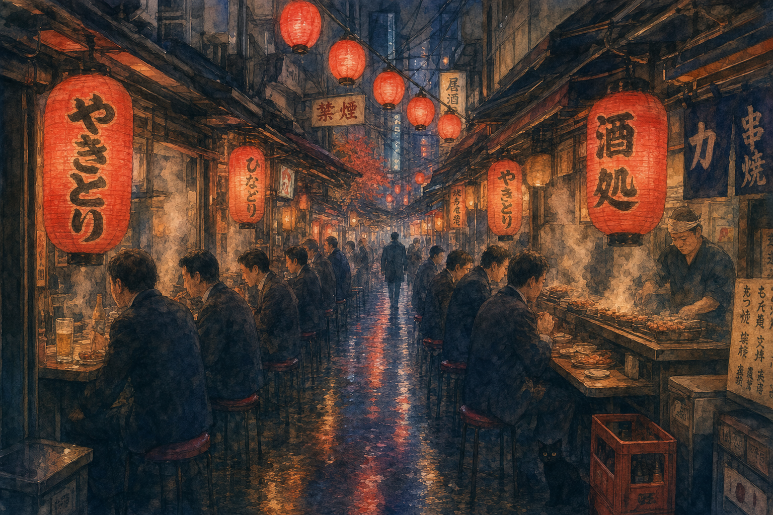 Nighttime Tokyo Street Food Stall with Traditional Lanterns