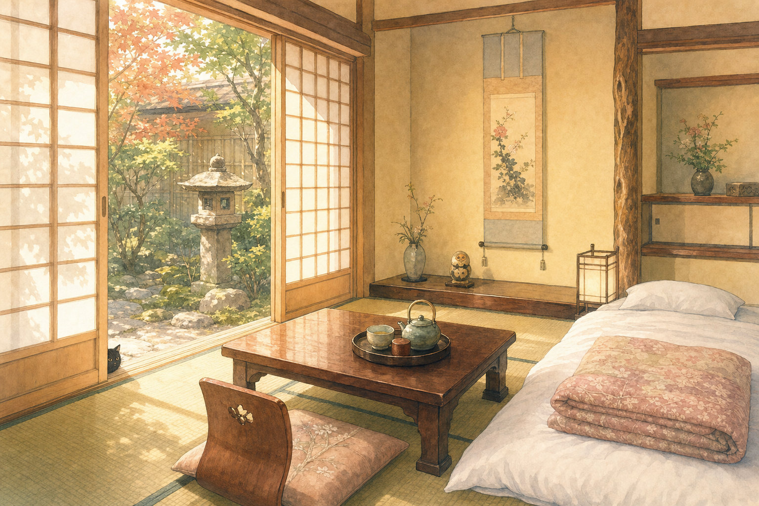 Warm Traditional Ryokan Interior Through Sliding Glass Doors