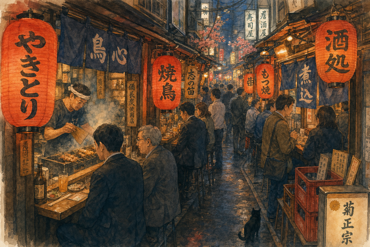 Crowded Japanese Alley With Lantern-Lit Izakayas