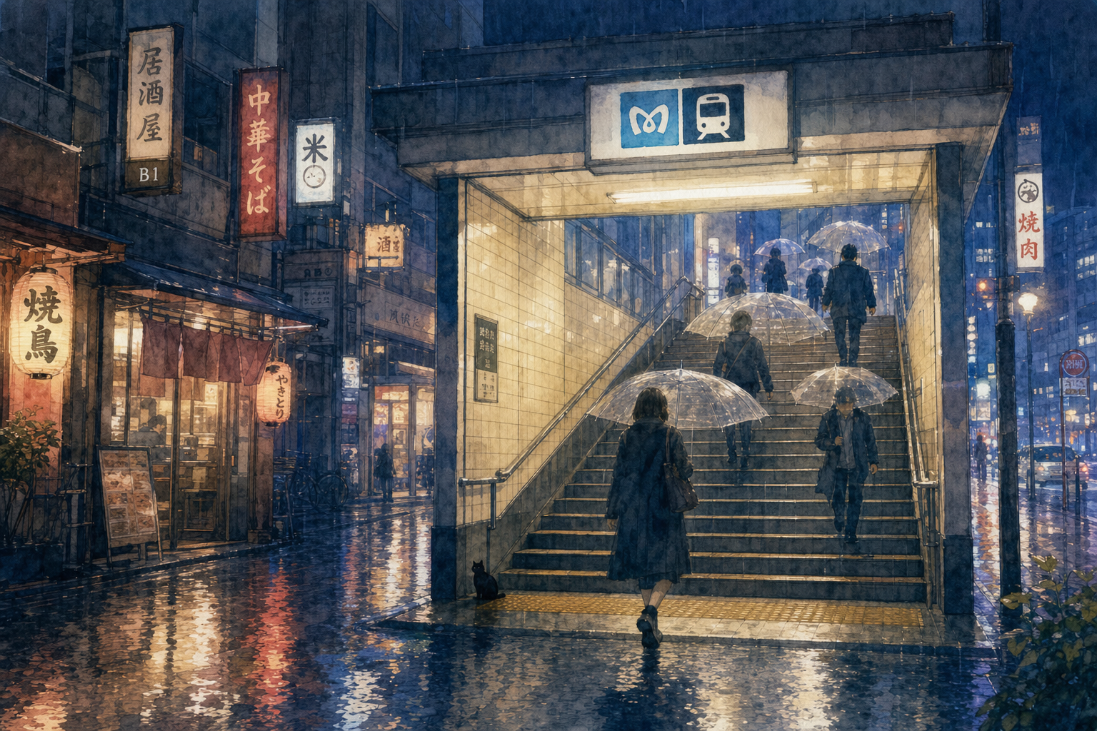 Neon City Subway Umbrella Scene in Snowy Tokyo