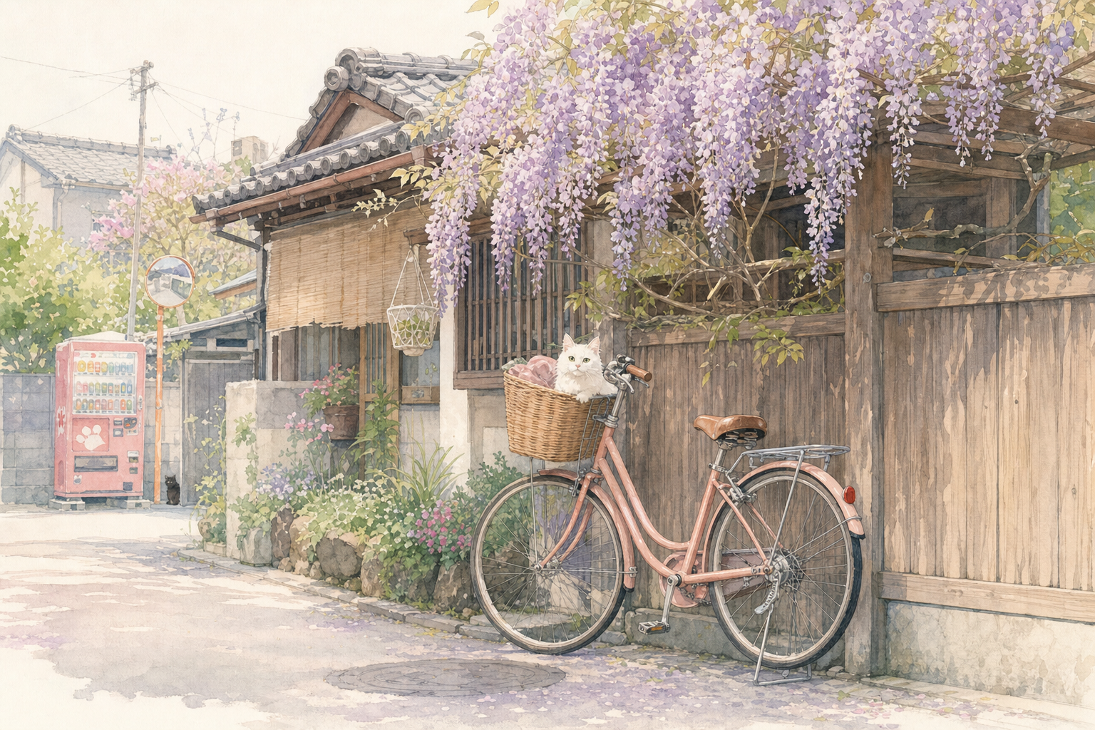 Nostalgic Japanese Streetscape with Bicycle and Blossoms