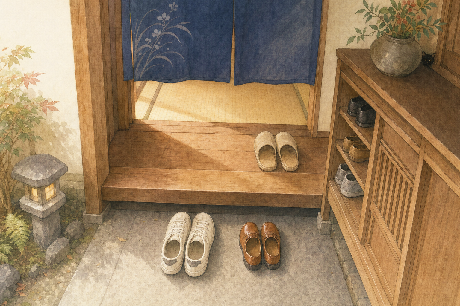 Genkan avec chaussures rangées