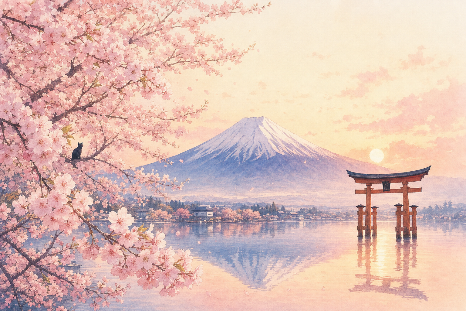 Mount Fuji and sakura at sunrise