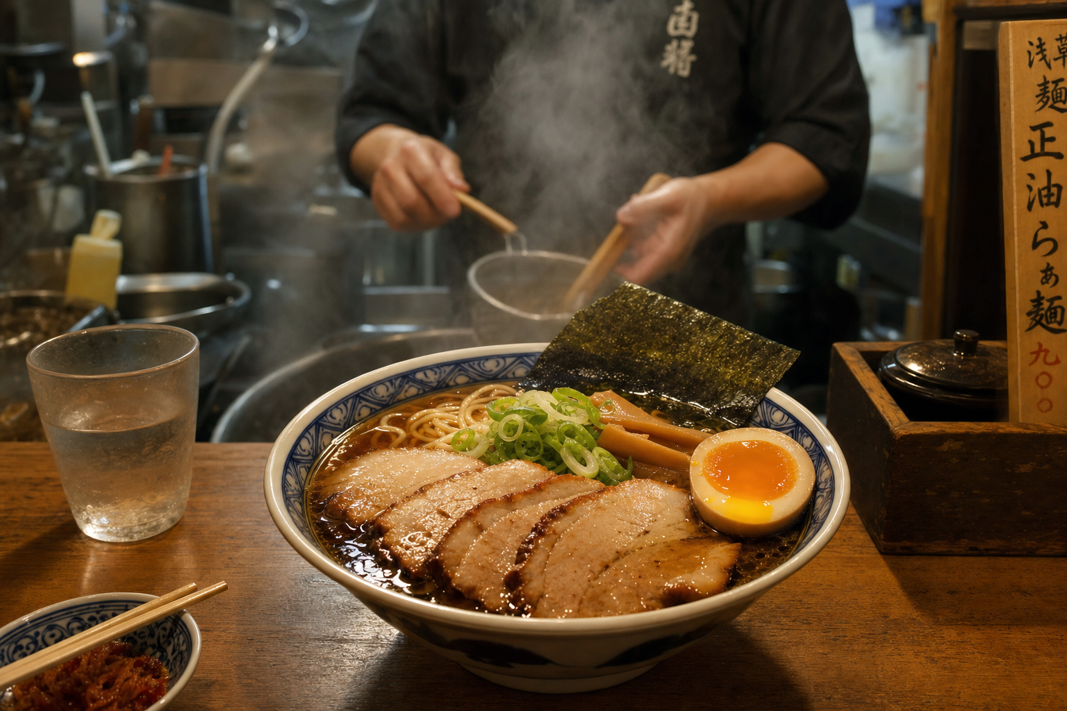 Tokyo shoyu ramen at a counter