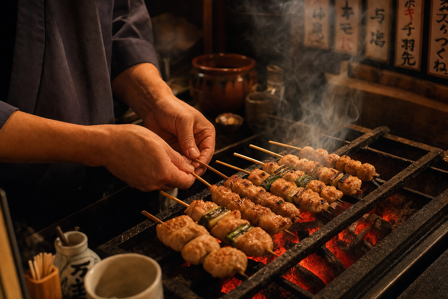 Yakitori chicken skewers on charcoal