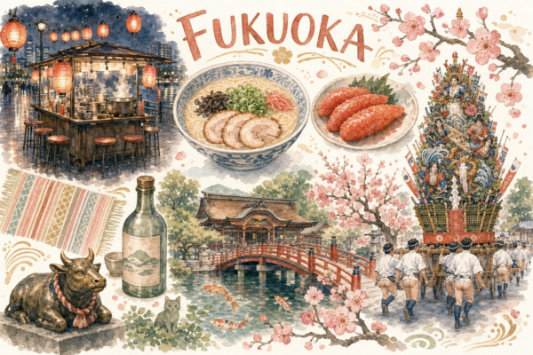 Illustration aquarelle de Fukuoka : yatai et lanternes, ramen tonkotsu, mentaiko, pont rouge de Dazaifu Tenmangu, pruniers en fleurs, char Hakata Gion Yamakasa