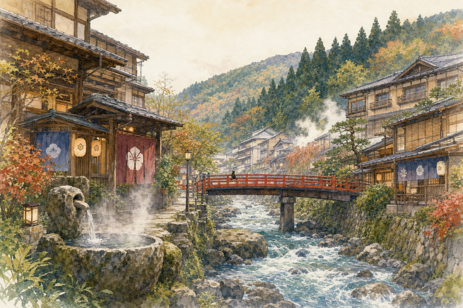Hakone-Yumoto avec pont rouge sur la rivière Sukumogawa et ryokan traditionnels