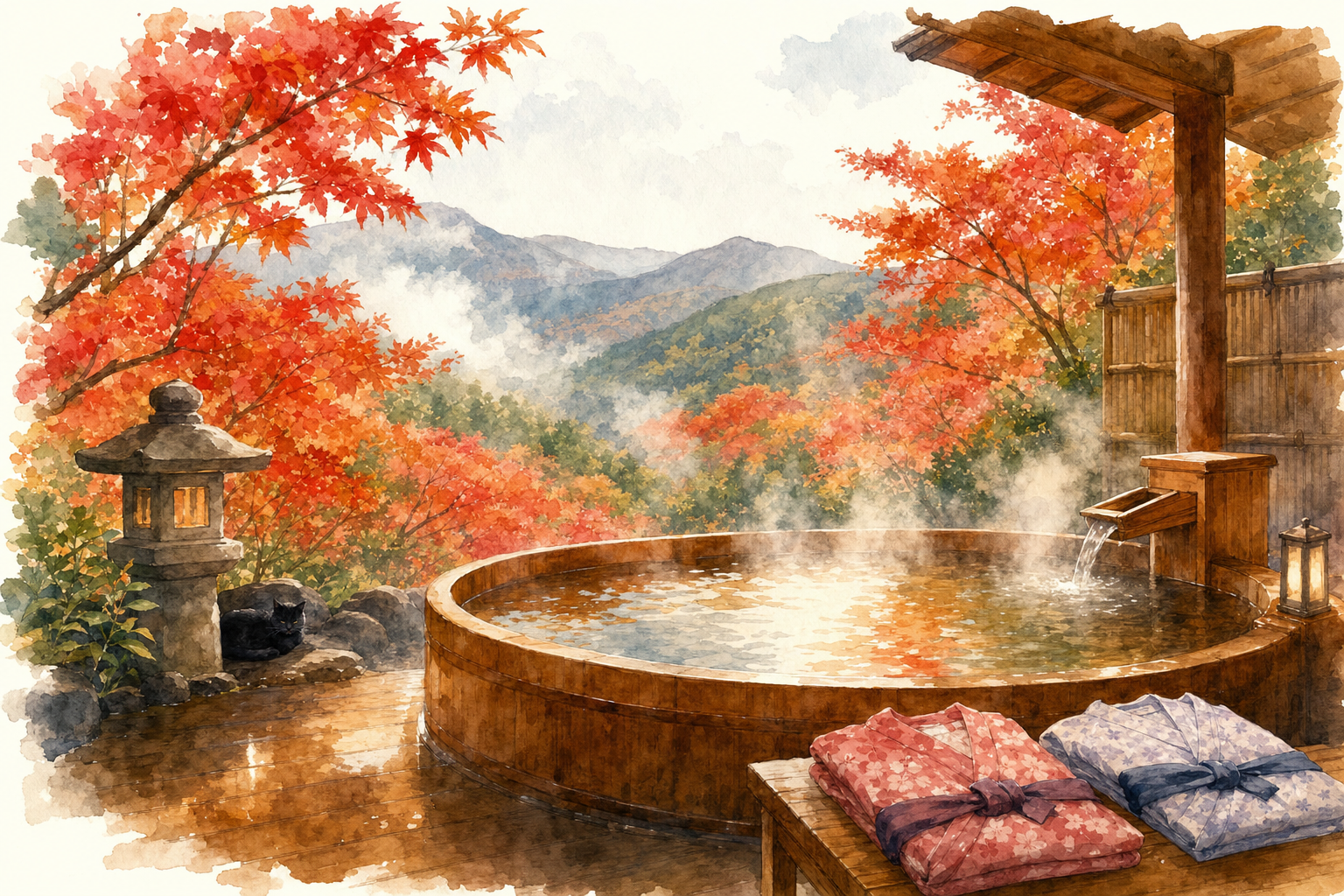 Rotenburo de ryokan à Gora en automne avec érables rouges et lanterne en pierre