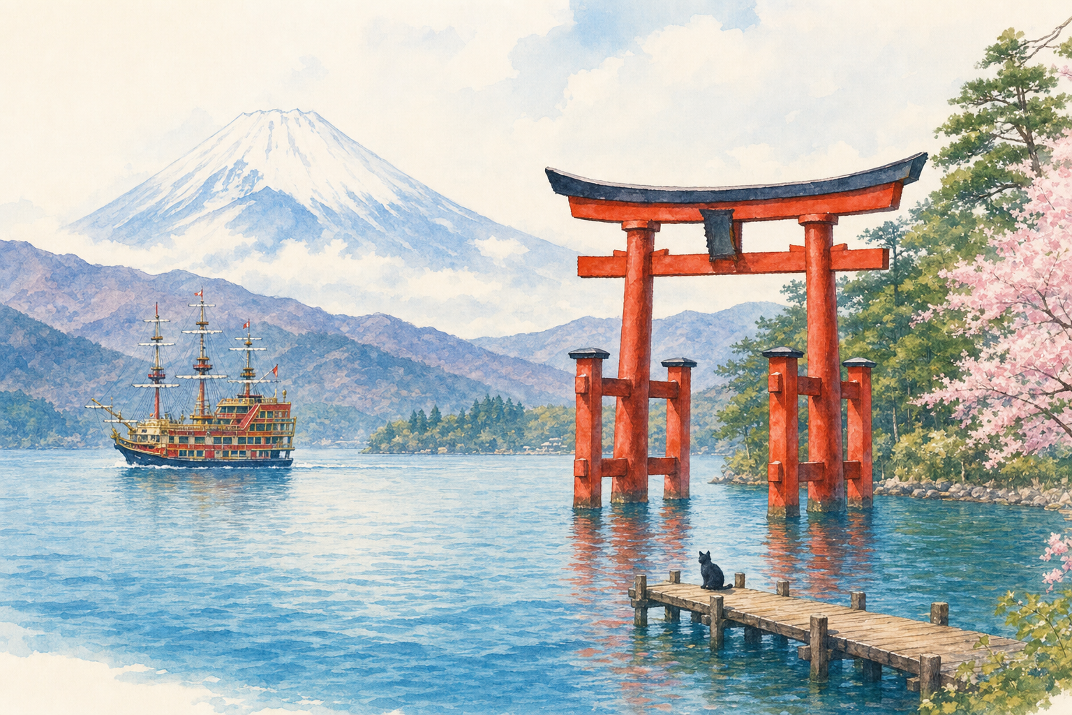 Le lac Ashi avec le torii flottant rouge de Hakone-jinja et Mont Fuji