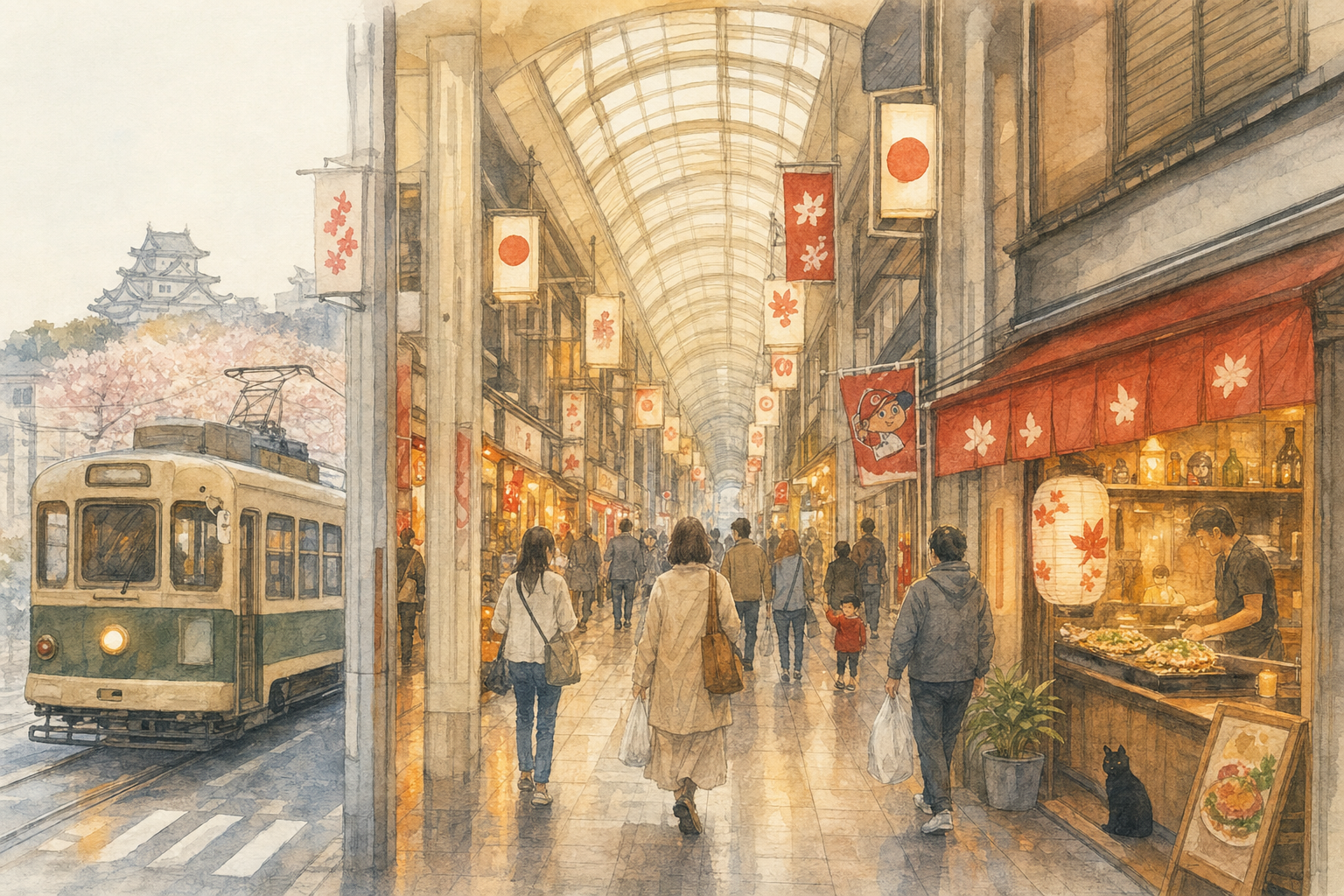 La galerie marchande Hondori à Hiroshima avec lanternes et tramway
