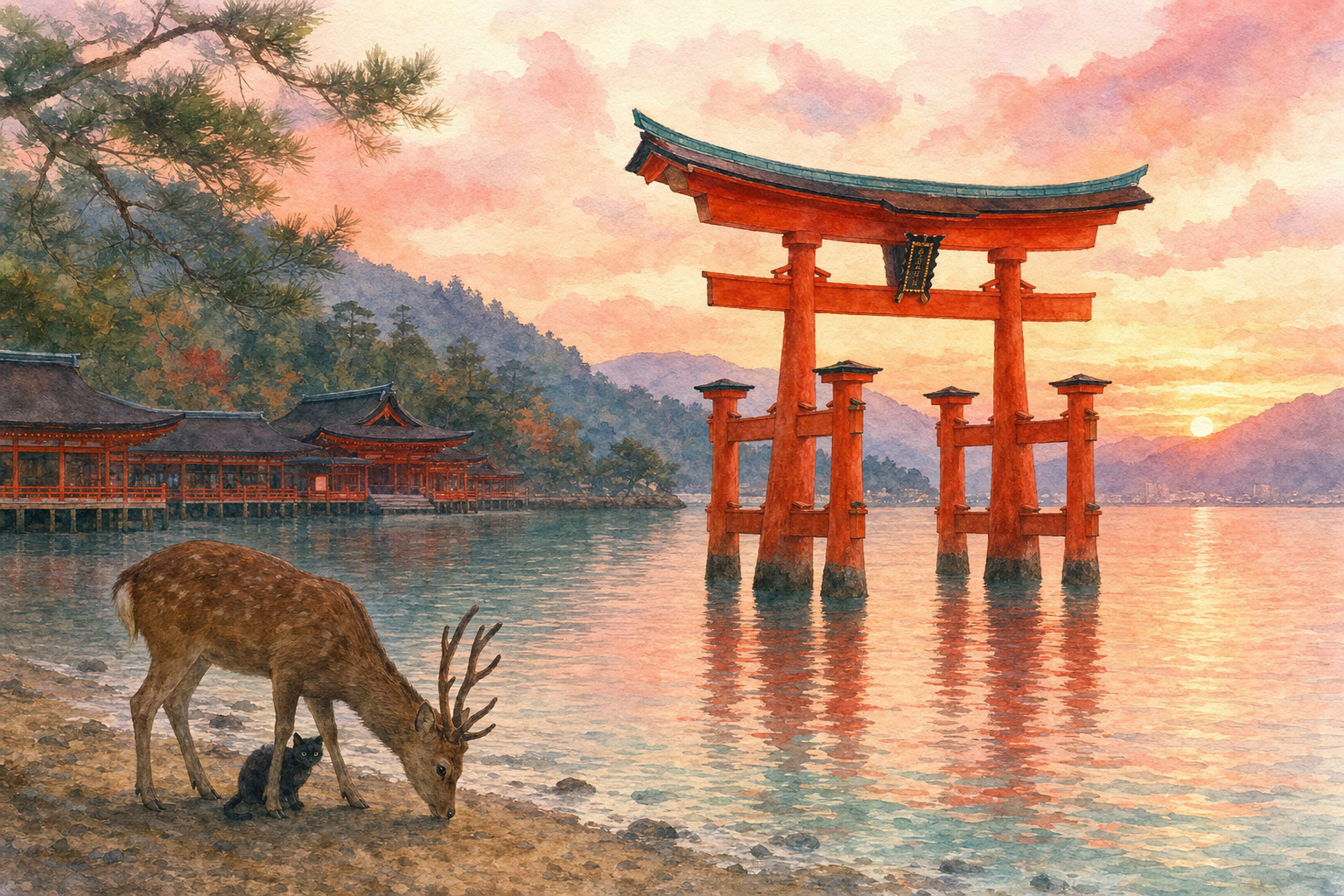Le torii flottant d'Itsukushima au crépuscule avec un cerf sika sur la rive
