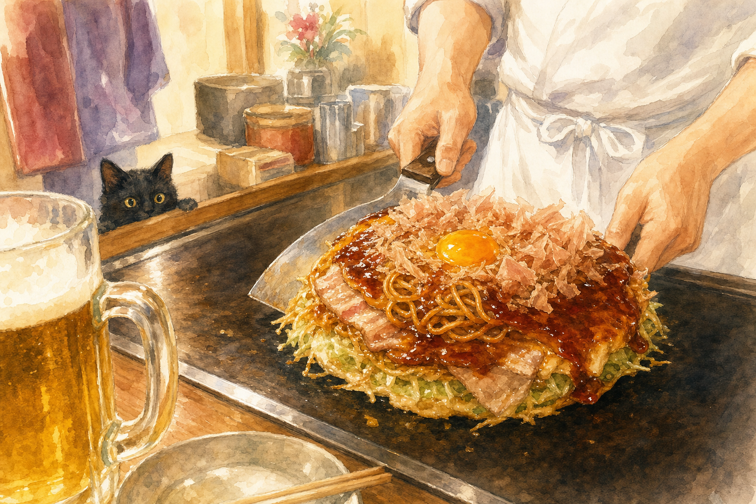 Okonomiyaki d'Hiroshima en couches sur le teppan avec le chef à la spatule