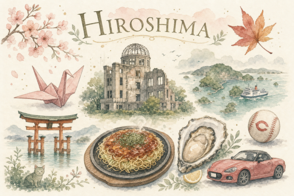 Illustration aquarelle d'Hiroshima : Dôme atomique, torii flottant d'Itsukushima, okonomiyaki, huître, baseball des Carp, Mazda, ferry de Setouchi, grue en papier