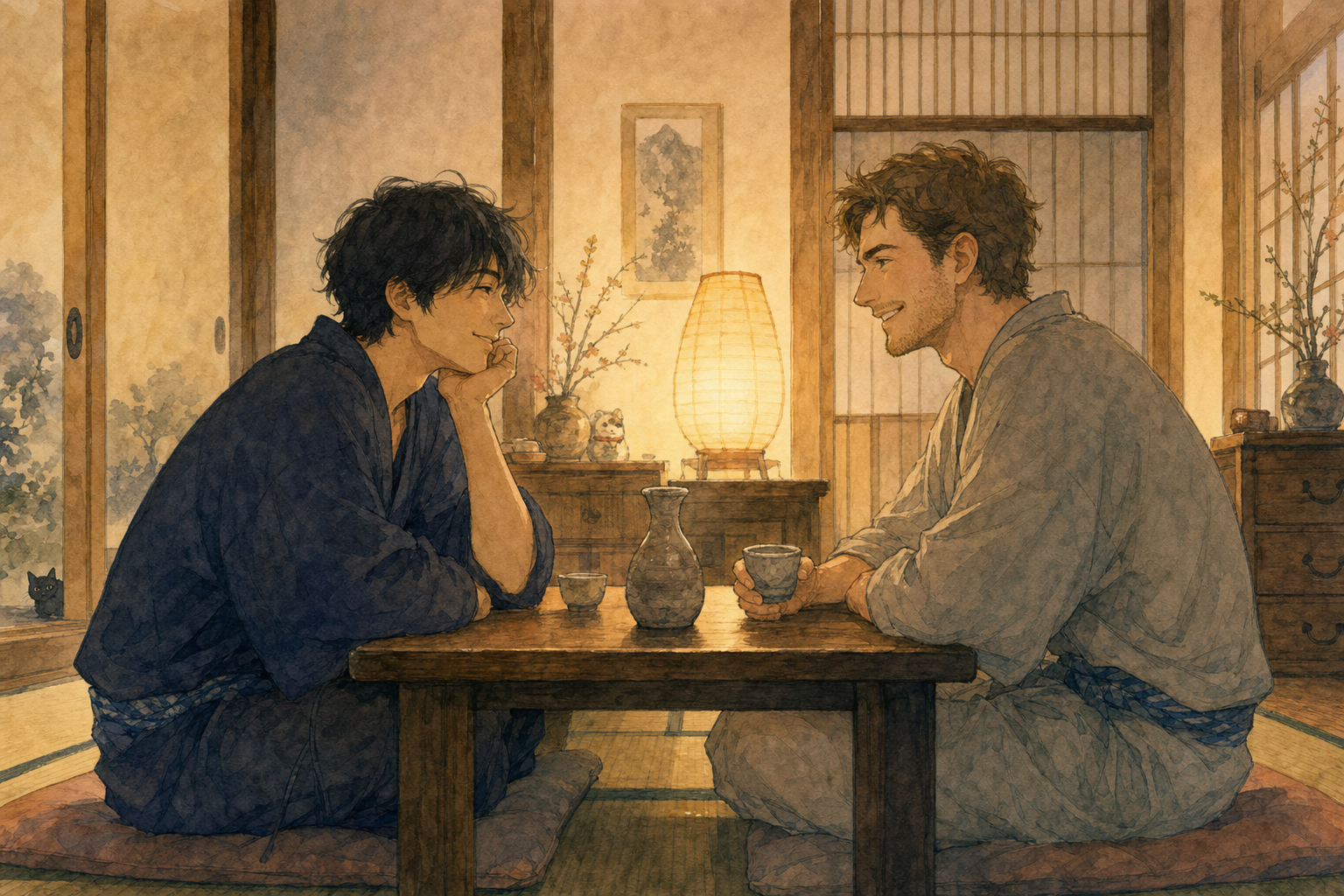Deux amis partageant un sake dans une atmosphère intime