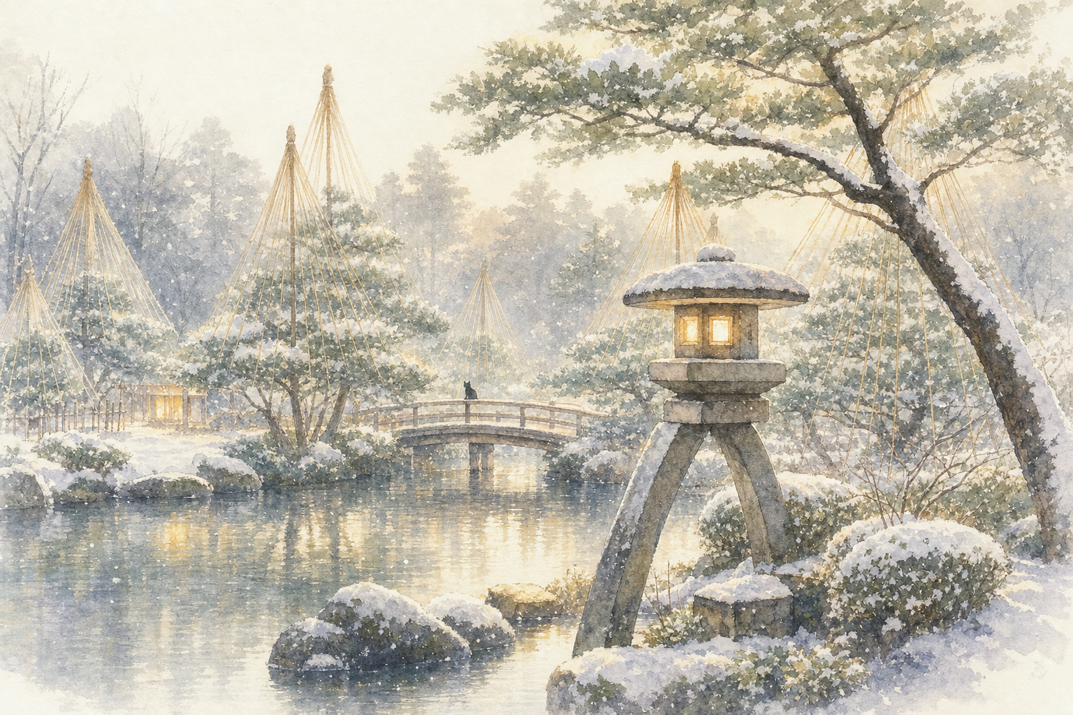 La lanterne Kotojitoro de Kenrokuen sous la neige avec yukitsuri