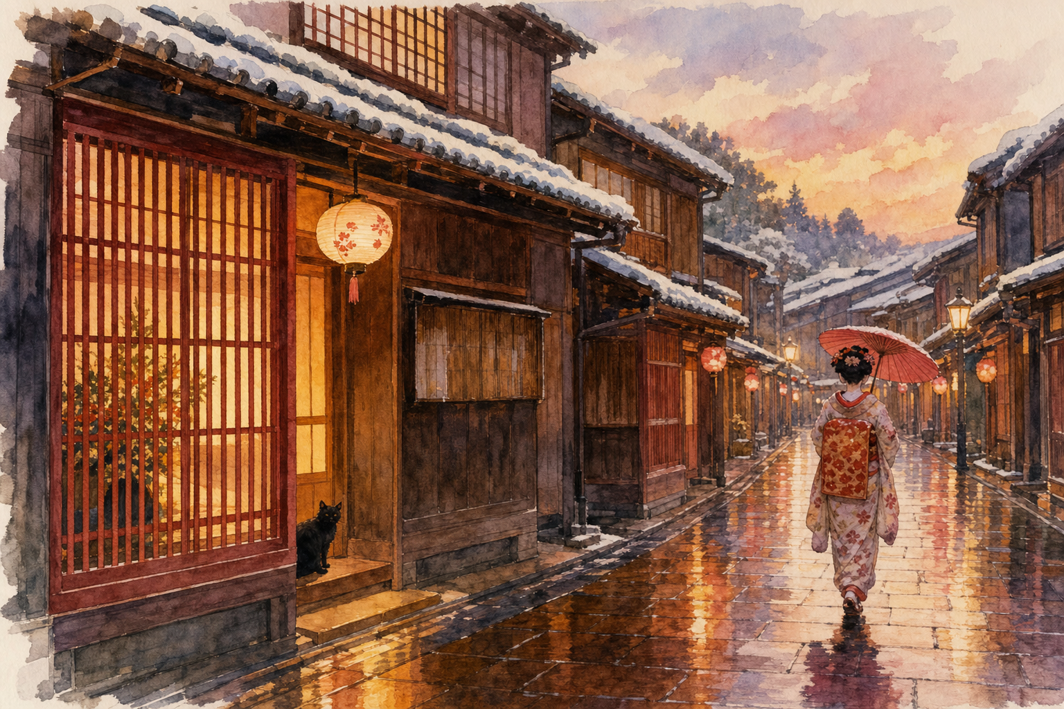 Higashi Chaya de Kanazawa au crépuscule avec geiko et lanternes