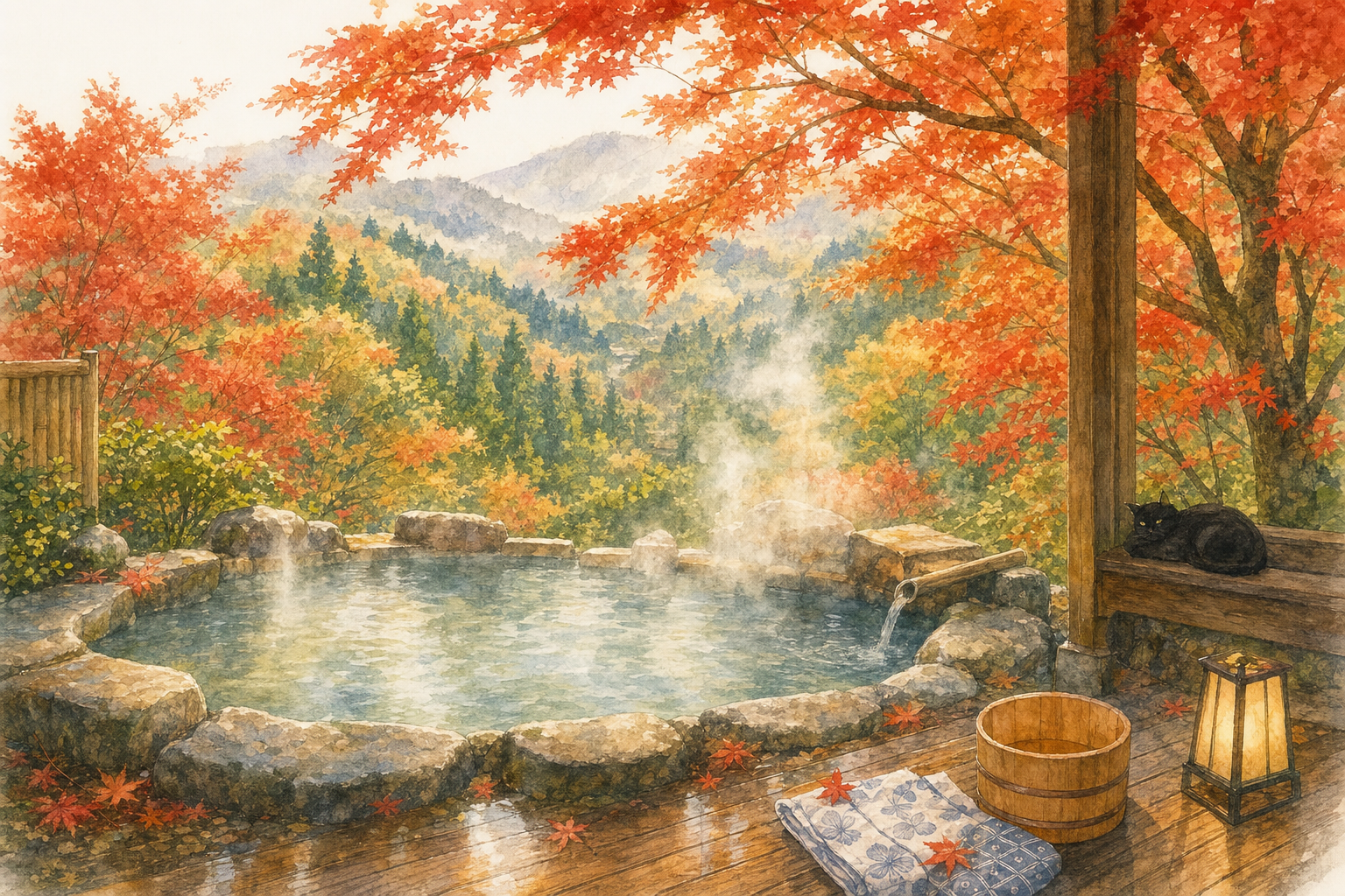 Rotenburo de ryokan à Yamashiro Onsen en automne avec érables rouges