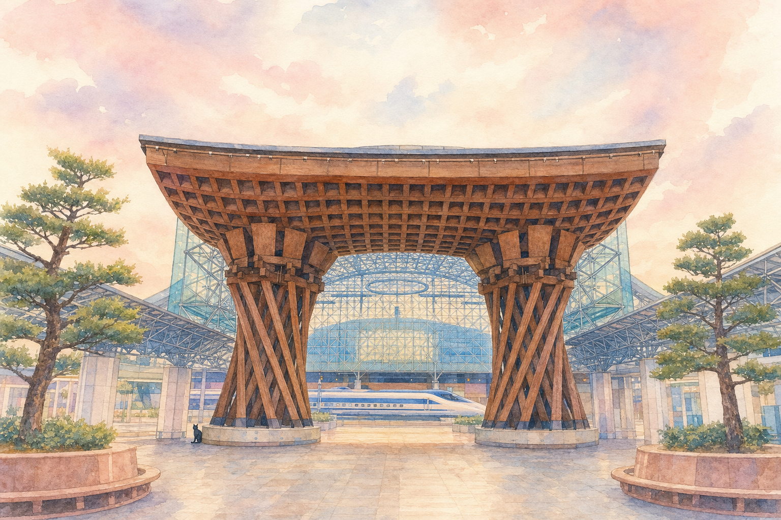 La porte Tsuzumi-mon de la gare de Kanazawa et le dôme Motenashi