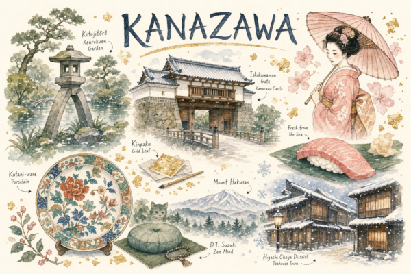 Illustration aquarelle de Kanazawa : lanterne Kotojitōrō de Kenrokuen, feuille d'or, geisha, sushi, porte du château, porcelaine Kutani, quartier Higashi Chaya, mont Hakusan