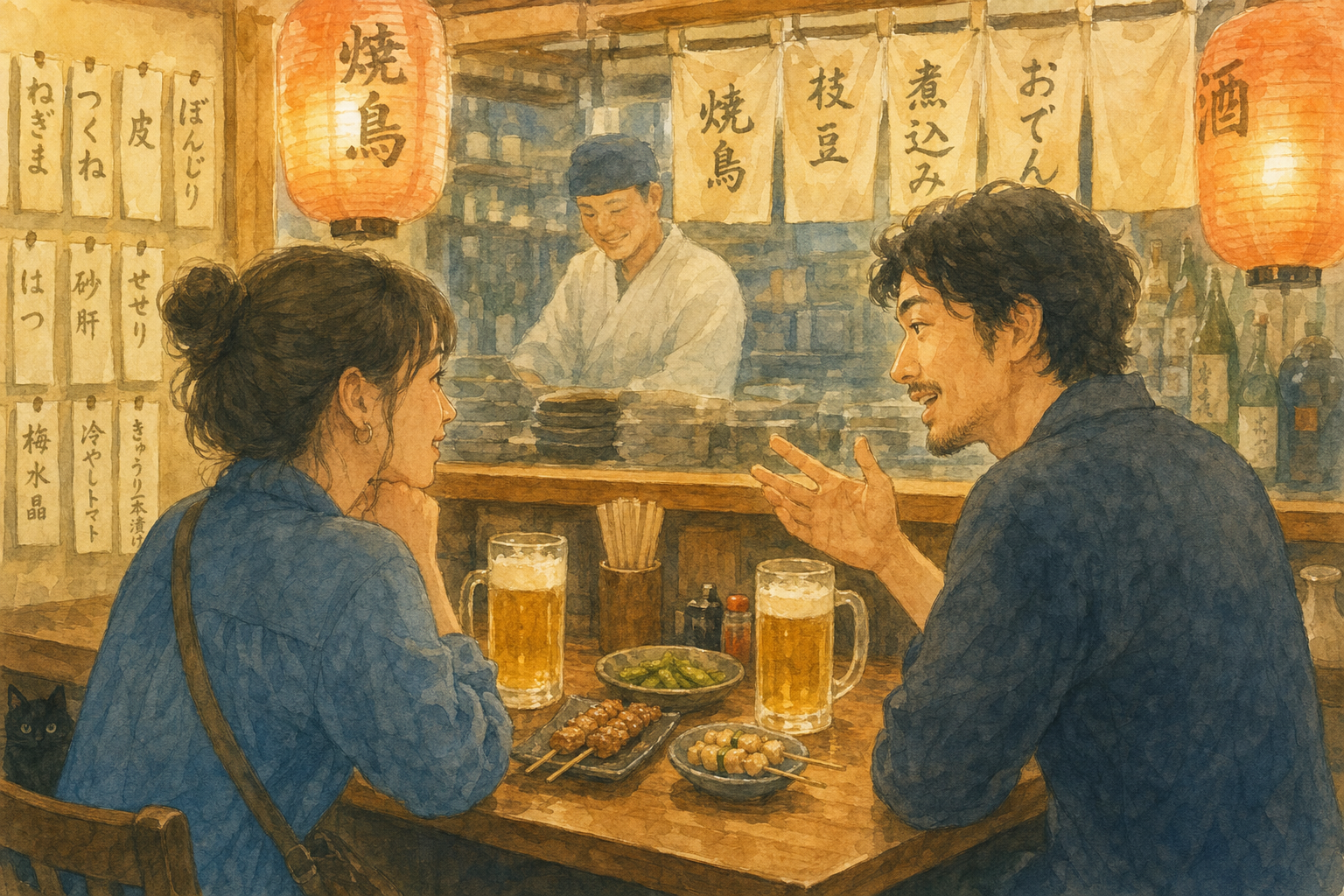 Guide et voyageur partageant un izakaya