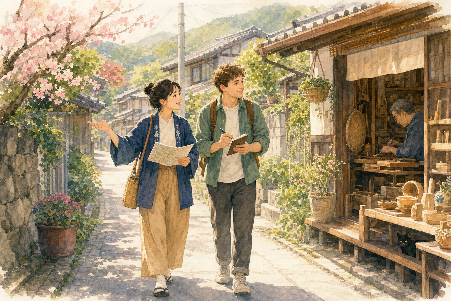 Guide local et voyageur dans un village japonais