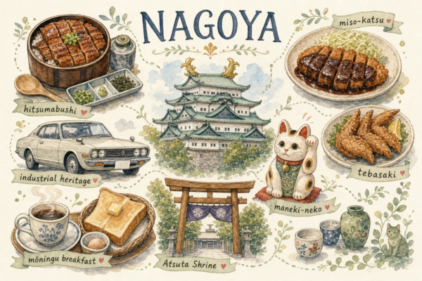 Illustration aquarelle de Nagoya : château et shachihoko dorés, hitsumabushi, miso-katsu, tebasaki, Toyota, maneki-neko de Tokoname, mōningu