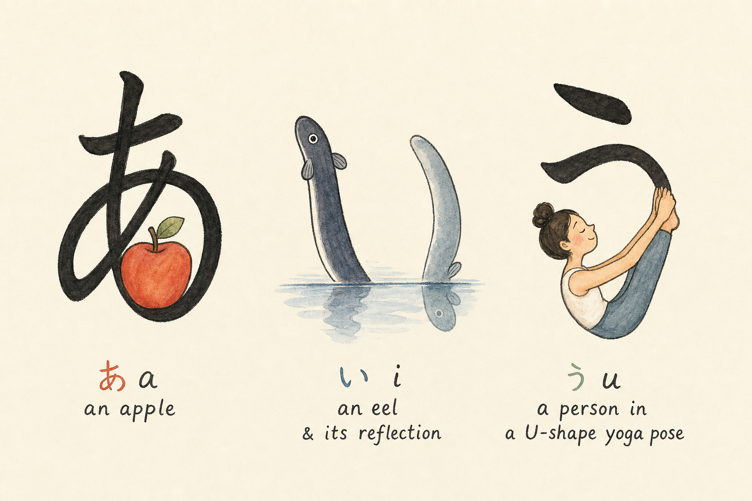 Tofugu-style hiragana mnemonics: a as apple, i as eel, u as a yoga U-pose