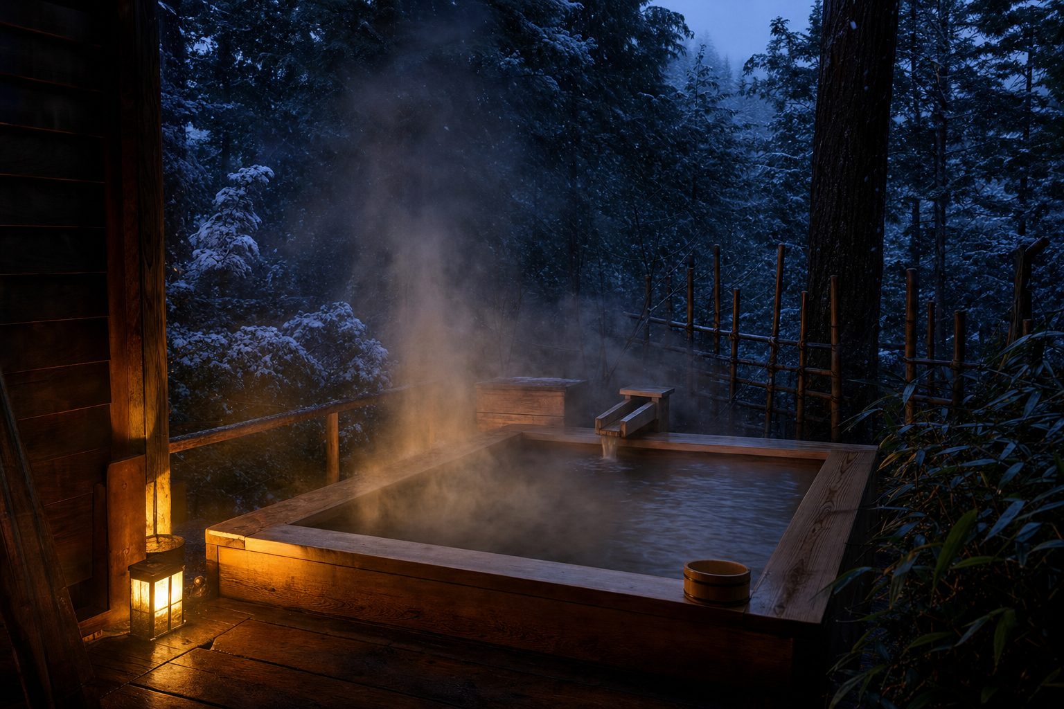Outdoor ryokan bath at twilight